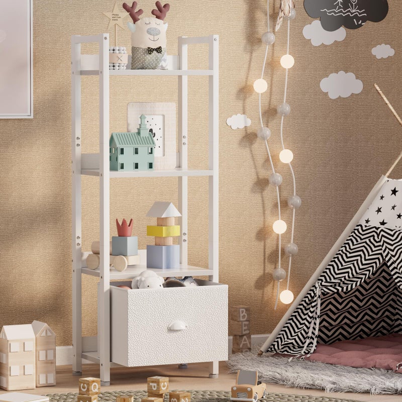 Furologee White 4 Tier Bookshelf with Drawer, Small Narrow Bookcase with Shelves, Modern Free Standing Shelf Unit, Wood and Metal Display Storage Shelves Organizer for Bedroom, Living Room, Entryway - Image 5