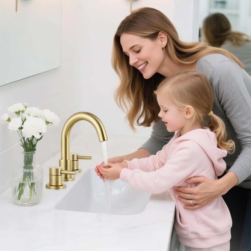 IUERASD Bathroom Faucet 3 Hole, Brushed Gold Bathroom Sink Faucet with Pop Up Drain, 8 inch Widespread Bathroom Faucet with 360Â° Swivel Spout, 2 Handle Vanity Faucet with Water Supply Hoses - Image 2