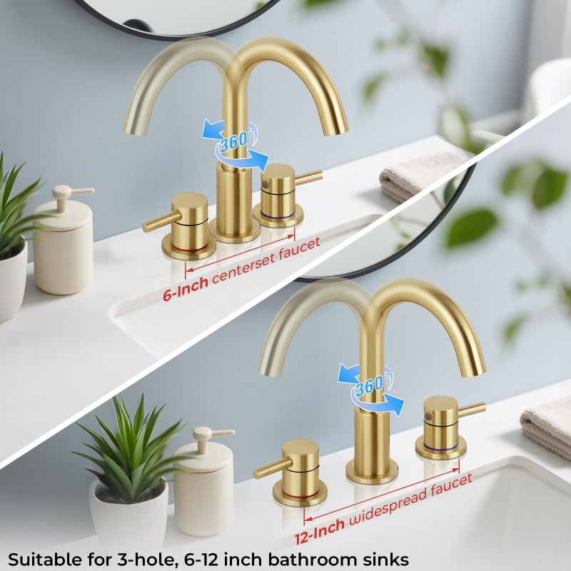 IUERASD Bathroom Faucet 3 Hole, Brushed Gold Bathroom Sink Faucet with Pop Up Drain, 8 inch Widespread Bathroom Faucet with 360Â° Swivel Spout, 2 Handle Vanity Faucet with Water Supply Hoses - Image 4