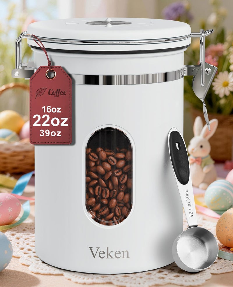 Veken Coffee Canister with Window, Easter Gifts Airtight Stainless Steel Container with Lids, Home Kitchen Food Storage Jars for Grounds, Beans, Tea, Flour, Cereal, Sugar, Basket, Scoop, 22OZ, White - Image 1