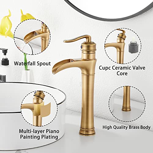 GGStudy Antique Brass Waterfall Bathroom Faucet GGStudy Single Handle One Hole Farmhouse Bathroom Vessel Sink Faucet Matching with Pop Up Drain - Image 5