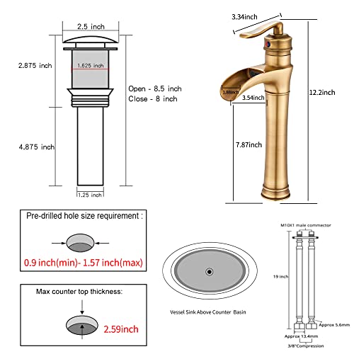 GGStudy Antique Brass Waterfall Bathroom Faucet GGStudy Single Handle One Hole Farmhouse Bathroom Vessel Sink Faucet Matching with Pop Up Drain - Image 2