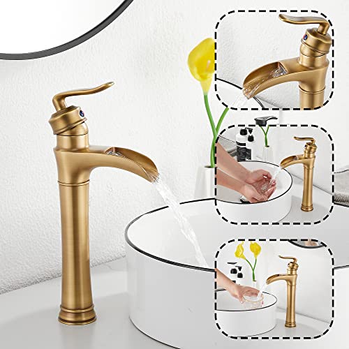 GGStudy Antique Brass Waterfall Bathroom Faucet GGStudy Single Handle One Hole Farmhouse Bathroom Vessel Sink Faucet Matching with Pop Up Drain - Image 4