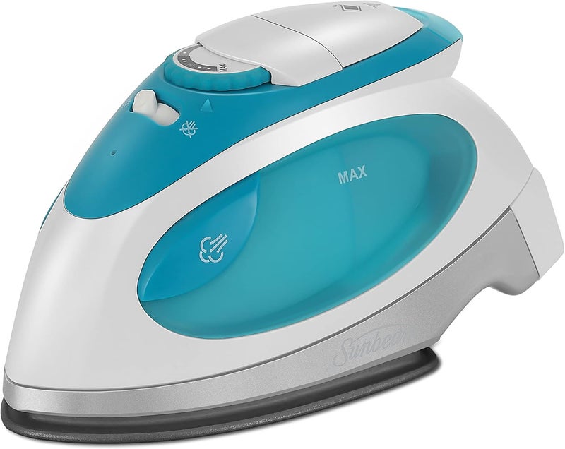 Sunbeam Travel Steam Iron, 1080 Watt, Dual Voltage 120/240, Compact Size, Portable, Non-Stick Soleplate, Soft Touch Handle, Horizontal or Vertical Use, Travel Bag, White and Teal - Image 1