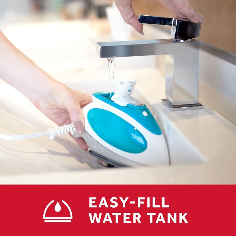 Sunbeam Travel Steam Iron, 1080 Watt, Dual Voltage 120/240, Compact Size, Portable, Non-Stick Soleplate, Soft Touch Handle, Horizontal or Vertical Use, Travel Bag, White and Teal - Image 4