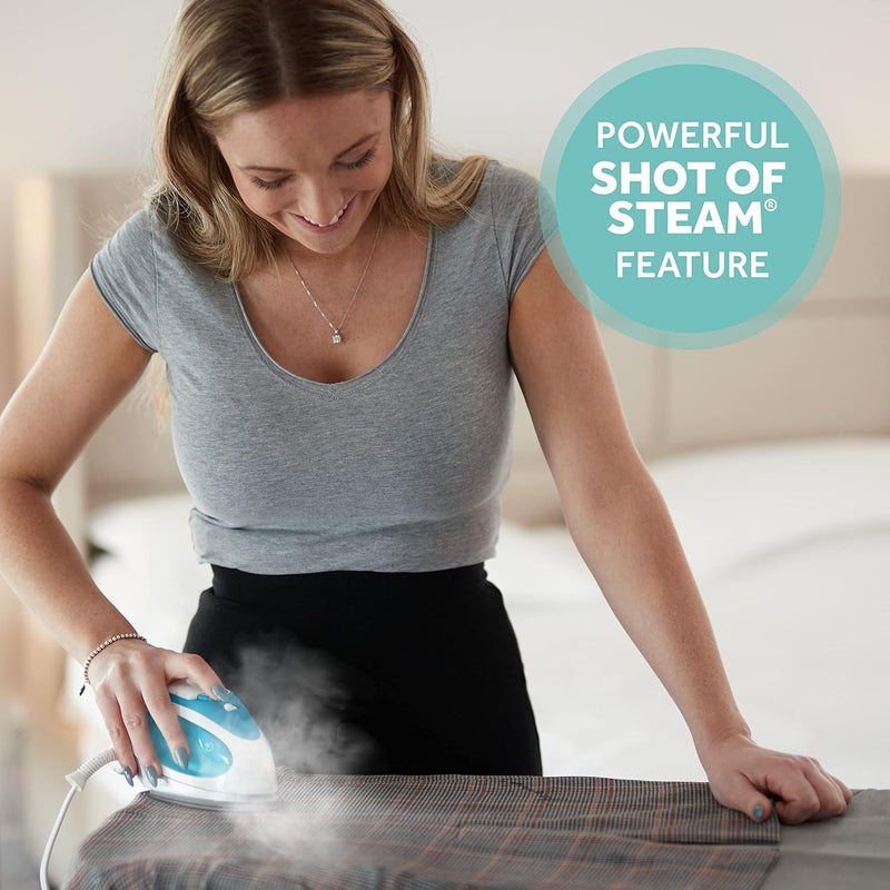 Sunbeam Travel Steam Iron, 1080 Watt, Dual Voltage 120/240, Compact Size, Portable, Non-Stick Soleplate, Soft Touch Handle, Horizontal or Vertical Use, Travel Bag, White and Teal - Image 3