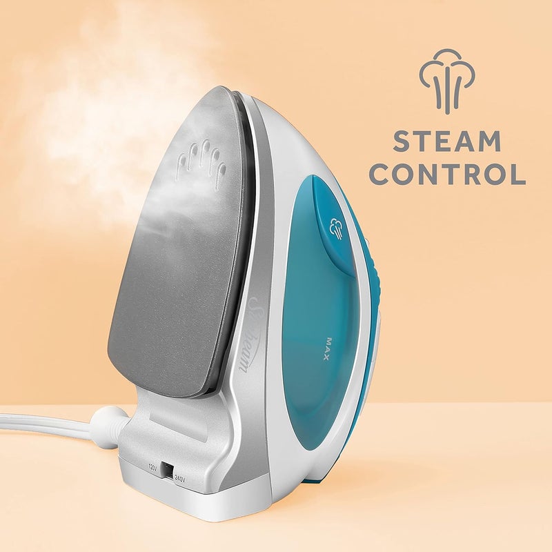 Sunbeam Travel Steam Iron, 1080 Watt, Dual Voltage 120/240, Compact Size, Portable, Non-Stick Soleplate, Soft Touch Handle, Horizontal or Vertical Use, Travel Bag, White and Teal - Image 5