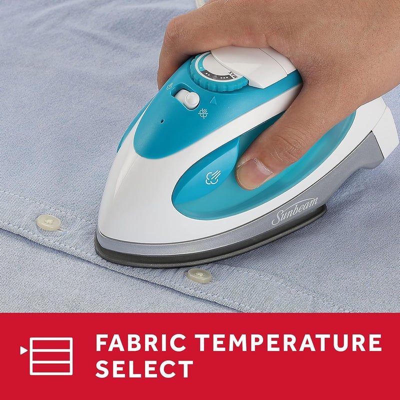Sunbeam Travel Steam Iron, 1080 Watt, Dual Voltage 120/240, Compact Size, Portable, Non-Stick Soleplate, Soft Touch Handle, Horizontal or Vertical Use, Travel Bag, White and Teal - Image 2
