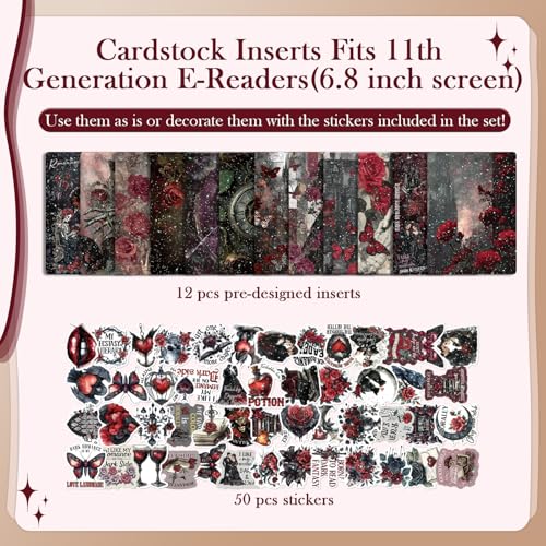 Rngmsi Insert Cardstock for Clear Case - 12Pcs Dark Romance Cardstock Inserts Compatible with Kindle Paperwhite 11th-12th, 50Pcs Rose Skeleton Stickers for E-Reader Clear Back Cover Accessories - Image 3