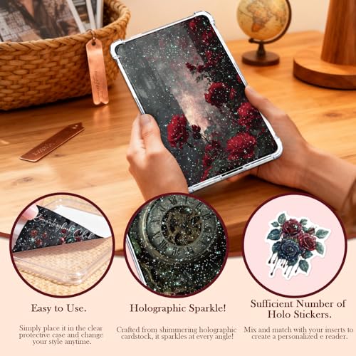 Rngmsi Insert Cardstock for Clear Case - 12Pcs Dark Romance Cardstock Inserts Compatible with Kindle Paperwhite 11th-12th, 50Pcs Rose Skeleton Stickers for E-Reader Clear Back Cover Accessories - Image 4