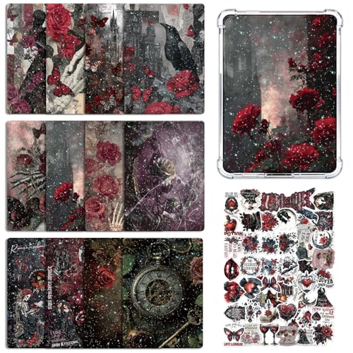 Rngmsi Insert Cardstock for Clear Case - 12Pcs Dark Romance Cardstock Inserts Compatible with Kindle Paperwhite 11th-12th, 50Pcs Rose Skeleton Stickers for E-Reader Clear Back Cover Accessories - Image 1