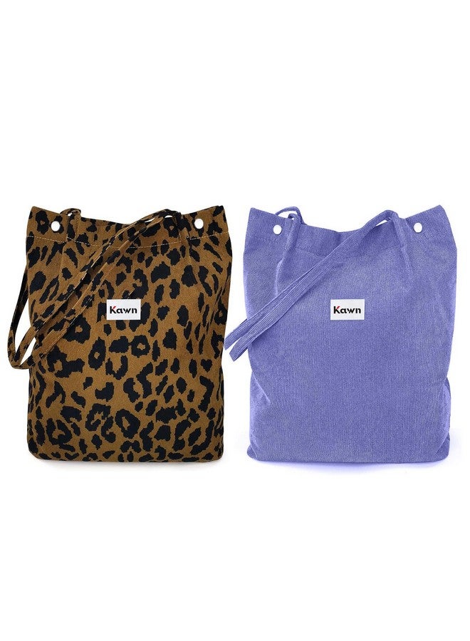 Kawn Kawn Women Corduroy Shopper Tote Bag Canvas Shoulder Purse Reusable Shopping Bag Grocery Bag Large Capacity Washable Handbag Shoulder Bag With Inner Pocket For Daily Use (Purple + Leopard) 