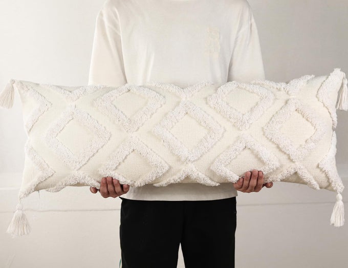 DECORATIVE LONG LUMBAR PILLOW COVER 14X36 BOHOSUPER SOFT CHENILLE EXTRA LONG LUMBAR PILLOW CASE COVER WITH TASSEL FOR BED SOFA COUCH FARMHOUSE LIVINGROOMWHITEMODERN SKINNY