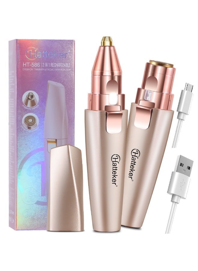 Hatteker Rechargeable Eyebrow Trimmer & Facial Hair Remover for Women, 2 IN 1 Eyebrow Razor and Flawless Hair Remover, Eyebrow Lips Nose Body Facial Hair Removal for Women with Built-in LED Light (Rose Gold) - Image 1