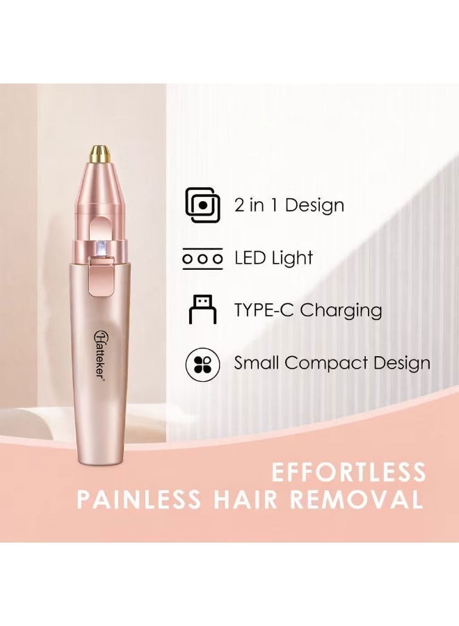 Hatteker Rechargeable Eyebrow Trimmer & Facial Hair Remover for Women, 2 IN 1 Eyebrow Razor and Flawless Hair Remover, Eyebrow Lips Nose Body Facial Hair Removal for Women with Built-in LED Light (Rose Gold) - Image 5