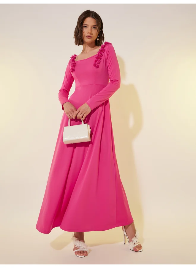 تايك تو Take Two Solid Long Sleeves A-Line Maxi Dress with Corsage Detail