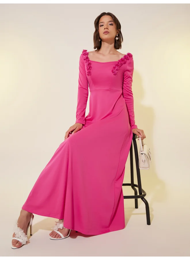 تايك تو Take Two Solid Long Sleeves A-Line Maxi Dress with Corsage Detail