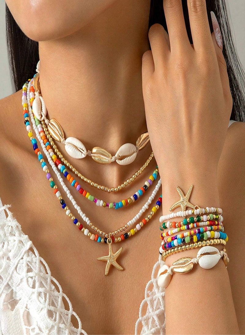 اكسسوارات بحر طقم مكون من ١٢ قطعه سوار و سلاسل بتصميم اصداف و نجم البحر مناسب للشاطئ والنزهات والرحلات والمناسبات الصيفية. - Image 1