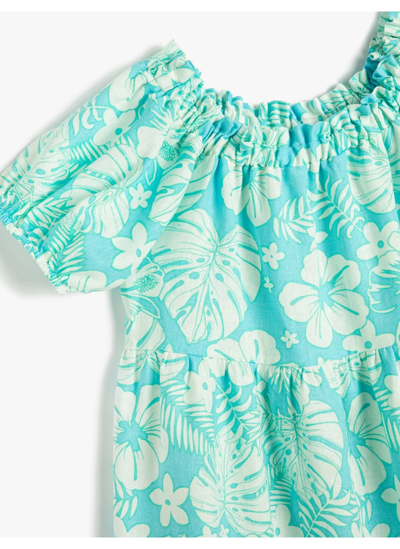 KOTON Linen Dress Floral Balloon Sleeve Layered