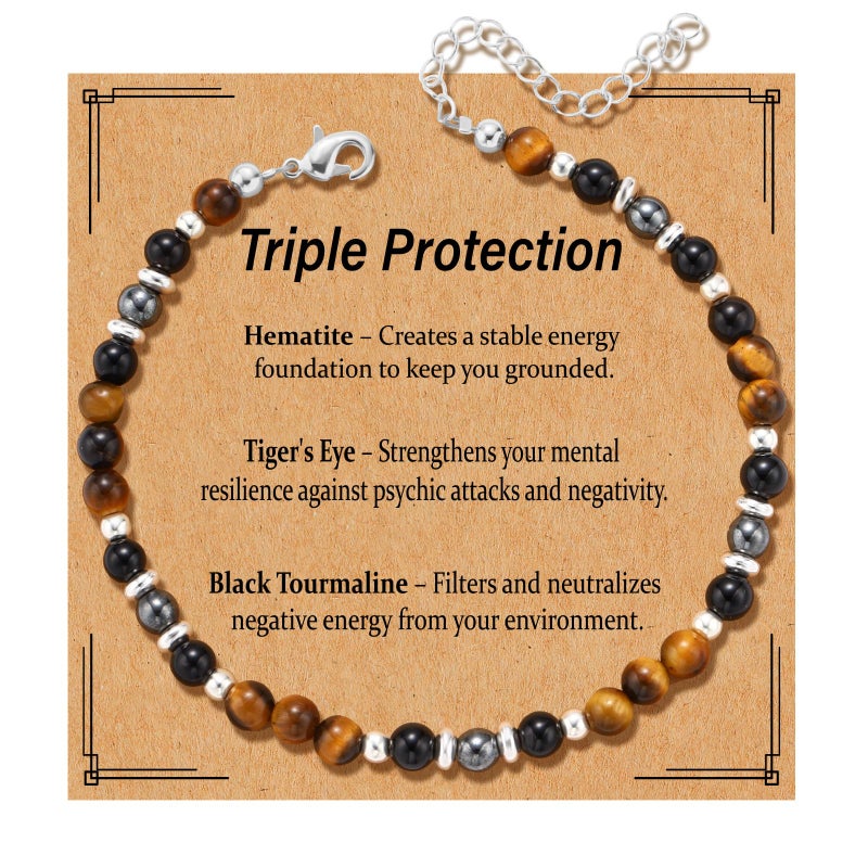Kenailw Triple Protection Bracelet for Women Gifts, Crystal Hematite Black Tourmaline Tigers Eye Beaded Healing Obsidian Guardian Piedra Turmalina Negra Natural Stones Jewelry - Image 1