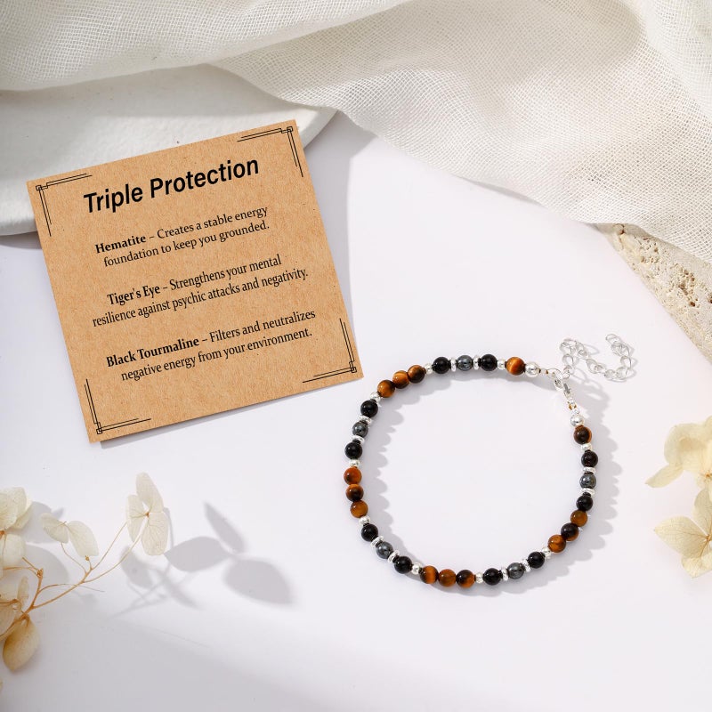 Kenailw Triple Protection Bracelet for Women Gifts, Crystal Hematite Black Tourmaline Tigers Eye Beaded Healing Obsidian Guardian Piedra Turmalina Negra Natural Stones Jewelry - Image 2