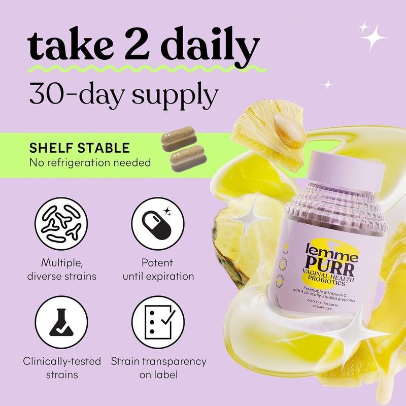 Lemme Purr Vaginal Probiotics for Women  Promotes pH Balance Healthy Vaginal Odor  Urinary Tract Health wLactobacillus Blend Clinically Tested Strains Pineapple  Vitamin C  60 Veggie Capsules - Image 4