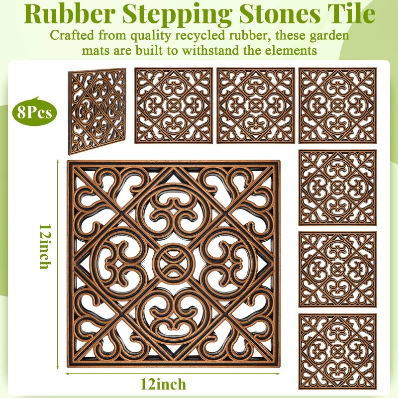 Pangda 8 Pcs Rubber Stepping Stones Outdoor Garden Walkway, 12 x 12 Inch Heavy Duty Pathway Pavers Retro Decorative Stepping Stones for Outside Landscaping Yard Lawn Path(Copper,Cross Square) - Image 2