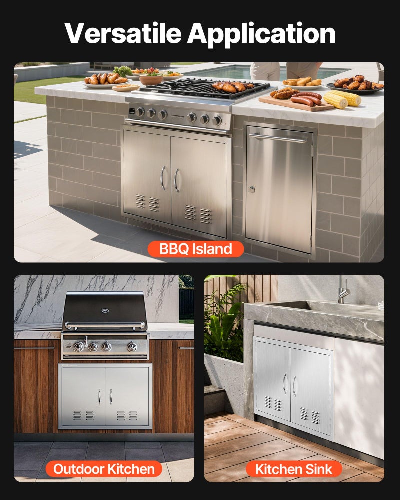 VEVOR Outdoor Kitchen Doors, 30W x 21H Inch, 304 Stainless Steel Double Doors with Vents, BBQ Access Door with 2 Detachable Handles and 6 Hooks, for BBQ Island - Image 5