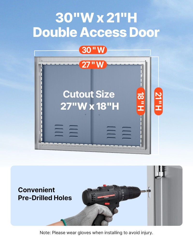 VEVOR Outdoor Kitchen Doors, 30W x 21H Inch, 304 Stainless Steel Double Doors with Vents, BBQ Access Door with 2 Detachable Handles and 6 Hooks, for BBQ Island - Image 2