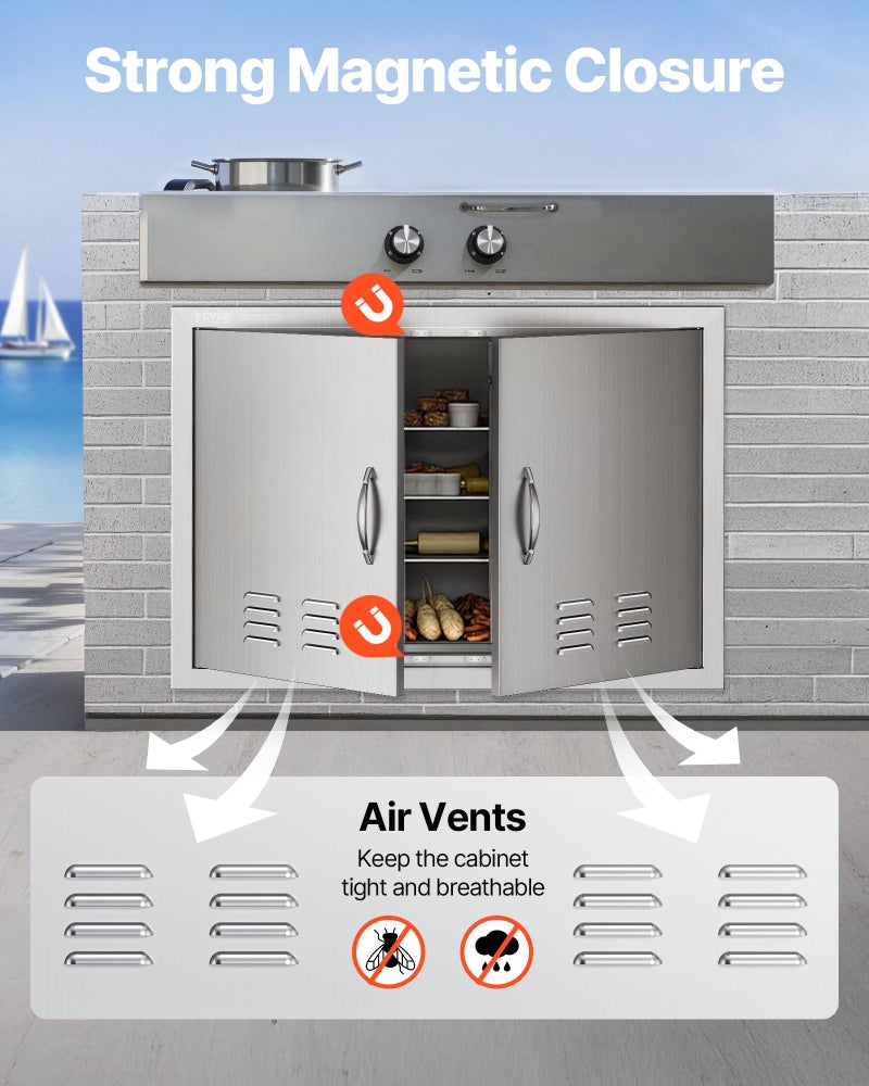 VEVOR Outdoor Kitchen Doors, 30W x 21H Inch, 304 Stainless Steel Double Doors with Vents, BBQ Access Door with 2 Detachable Handles and 6 Hooks, for BBQ Island - Image 4