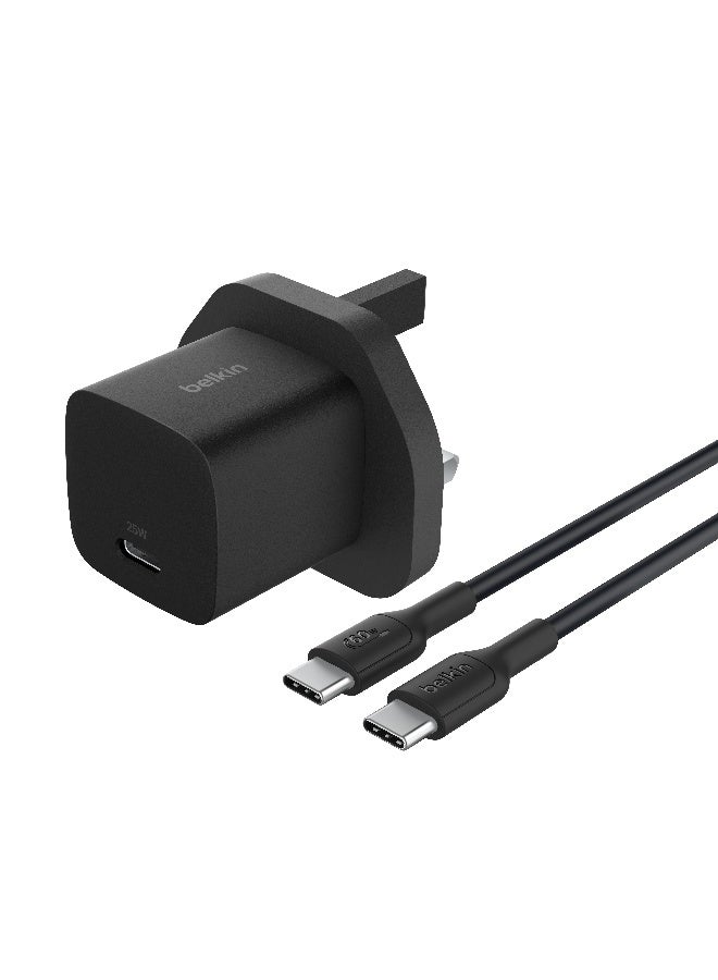 بيلكين شاحن Belkin USB-C بقوة 25 واط مع USB-C بقدرة 60 واط (3.3 أقدام، 1 متر) - USB-C بتقنية الشحن السريع PD 3.0 وPPS لأجهزة Apple iPhone 16 Series، iPad Pro، Samsung Galaxy S25، Nintendo Switch - أسود. - Image 1