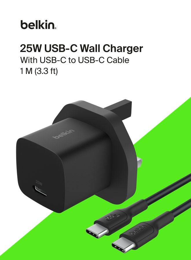 belkin USB-C Plug 25W with 60W USB-C Cable (3.3ft, 1M) - Phone Charger PD 3.0 Fast Charging with PPS for Apple iPhone 16 Serie, iPad Pro, Samsung Galaxy S25, Nintendo Switch, & More - Black Black - Image 1