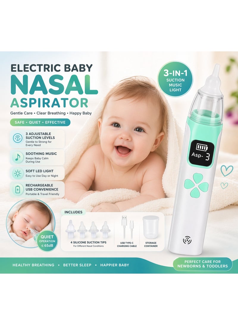 شفاط الأنف الكهربائي للأطفال Electric Baby Nasal Aspirator شفاط انف للرضع قابل للشحن USB مع 3 مستويات شفط و4 رؤوس سيليكون موسيقى مهدئة جهاز تنظيف الأنف للمواليد والأطفال - Image 1