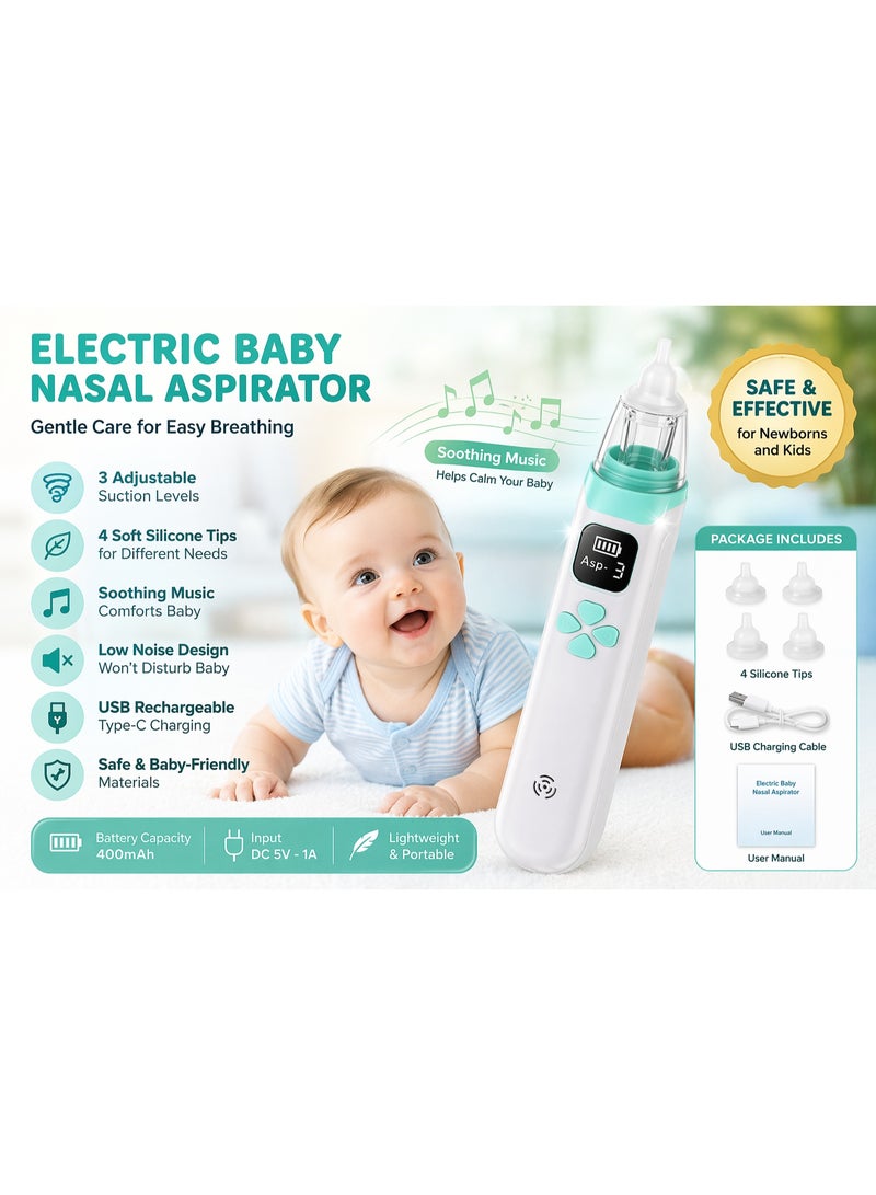 شفاط الأنف الكهربائي للأطفال Electric Baby Nasal Aspirator شفاط انف للرضع قابل للشحن USB مع 3 مستويات شفط و4 رؤوس سيليكون موسيقى مهدئة جهاز تنظيف الأنف للمواليد والأطفال - Image 2