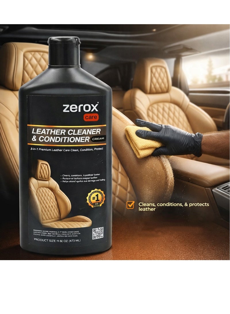 زيروكس كريم Zerox Care 3-in-1 الفاخر لتنظيف وترطيب الجلود (473 مل) - مُرمِّم جلود احترافي عالي الجودة مع حماية من الأشعة فوق البنفسجية؛ مخصص لمقاعد السيارات، والأثاث، والأرائك، والسترات، والأحذية الطويلة - تركيبة متوازنة الحموضة (pH)، غير لزجة، وتوفر تنظيفاً وترطيباً فورياً. - Image 2