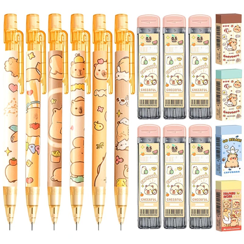 Daphilly Cute Capybara Mechanical Pencil Set,6Pcs 0.5mm Capybara Mechanical Pencils with 600Pcs 0.5mm Pencil Leads,4Pcs Capybara Erasers,Kawaii Cartoon Pencils for Office School Supplies - Image 1