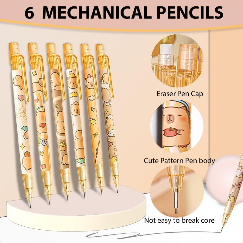 Daphilly Cute Capybara Mechanical Pencil Set,6Pcs 0.5mm Capybara Mechanical Pencils with 600Pcs 0.5mm Pencil Leads,4Pcs Capybara Erasers,Kawaii Cartoon Pencils for Office School Supplies - Image 4