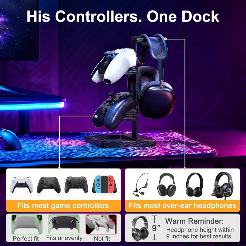 HUMANCOZY Solid Wood Controller Holder and Headphone Stand, Gaming Controller Stand for Desk, Dual Controller Organizer Rack, Fits Xbox, PS4, PS5, Gamepad, Headset Holder for Son, Husband, Boyfriend（Black） - Image 4