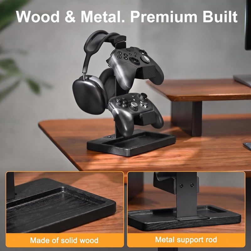 HUMANCOZY Solid Wood Controller Holder and Headphone Stand, Gaming Controller Stand for Desk, Dual Controller Organizer Rack, Fits Xbox, PS4, PS5, Gamepad, Headset Holder for Son, Husband, Boyfriend（Black） - Image 3