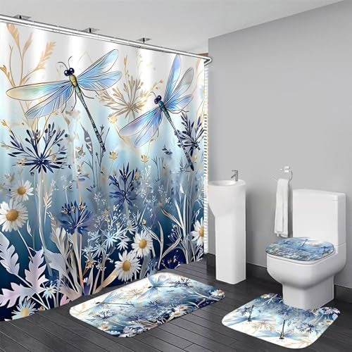 DDQQ 4Pcs Blue Flower Dragonfly Shower Curtain Set with Rugs Floral Plant Neutral Bathroom Decor Set Waterproof Bathtub with Carpet Bath Mat Toilet - Image 1