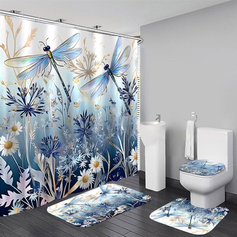 DDQQ 4Pcs Blue Flower Dragonfly Shower Curtain Set with Rugs Floral Plant Neutral Bathroom Decor Set Waterproof Bathtub with Carpet Bath Mat Toilet - Image 2