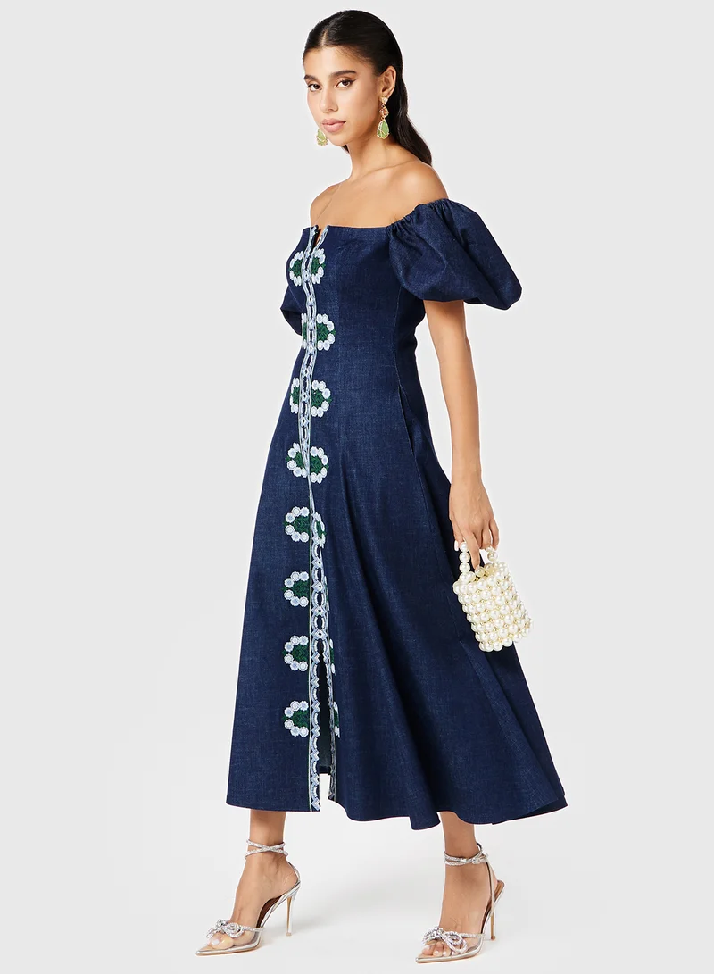 ثريدز باي اجوني Embroidered Panel Off Shoulder Denim Dress