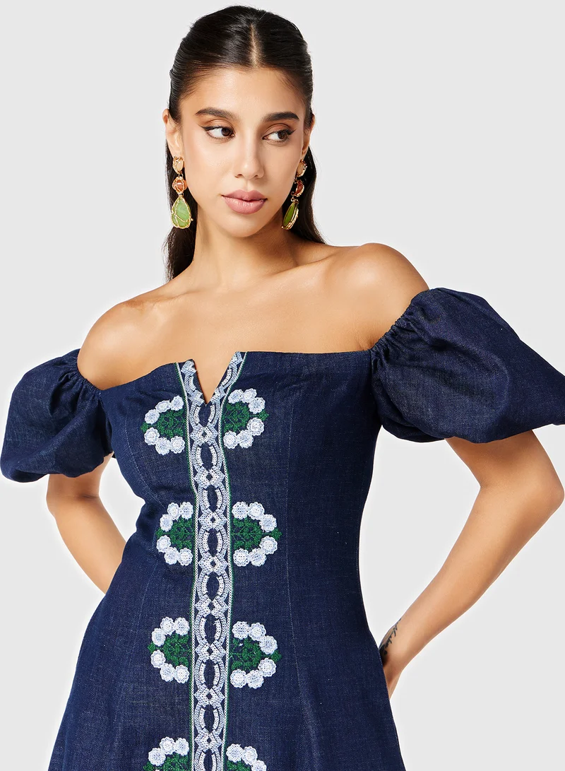 ثريدز باي اجوني Embroidered Panel Off Shoulder Denim Dress