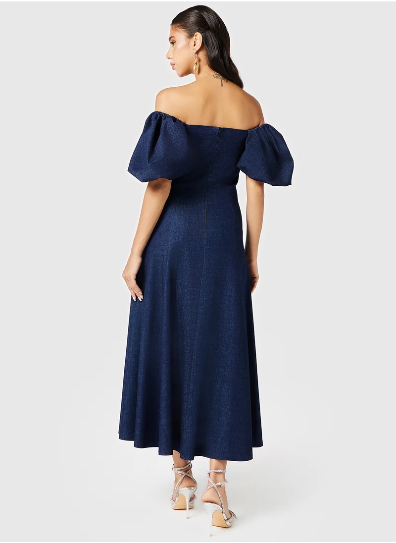 Threadz by Ajooni Embroidered Panel Off Shoulder Denim Dress