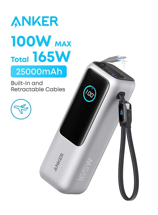 Anker 25000 mAh 25000 mAh Power Bank, 165W Ultra-Fast Portable Charger For Dual Laptops, Fast Charging Battery Pack With Built-In And Retractable Cables, For iPhone 16/15 Series, Samsung, And More - Silver Silver - Image 1