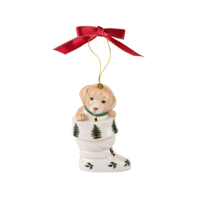 Spode Christmas Tree Puppy in Boot Ornament Festive Holiday Bauble for Christmas Tree Earthenware Hanging Decoration with Red Ribbon for Easy Hanging Decorative Accent  Keepsake Gift