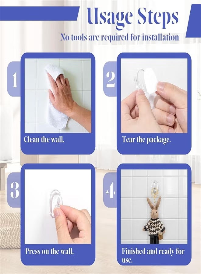 30 Pieces Clear Adhesive Wall Hooks for Hanging, Transparent Reusable Seamless Hooks Small Acrylic Sticky Hangers with Non Marking Sticker for Kitchen Bathroom Bedroom Office (Clear) - Image 2