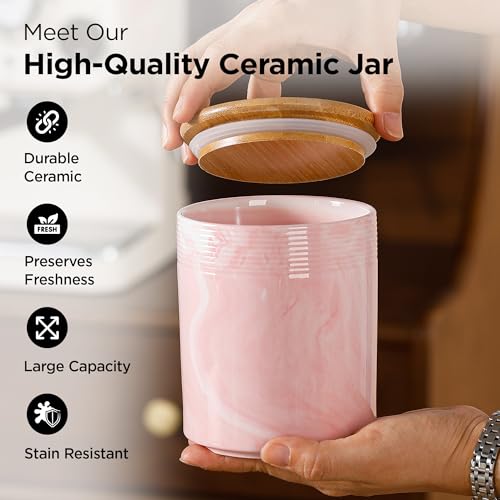 UMAI Ceramic Jars for Kitchen Storage with Bamboo Lid | Set of 3 | Airtight Kitchen Containers Set | Kitchen Accessories Items | 720ml Each | Pink - Image 3
