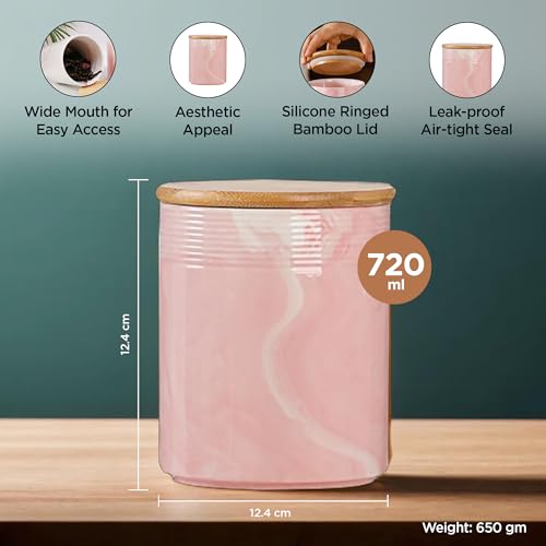 UMAI Ceramic Jars for Kitchen Storage with Bamboo Lid | Set of 3 | Airtight Kitchen Containers Set | Kitchen Accessories Items | 720ml Each | Pink - Image 4