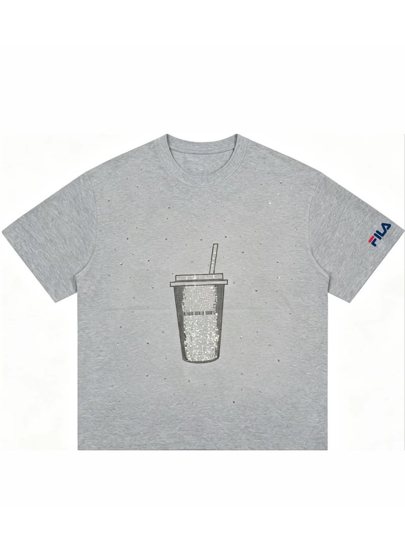 FILA milk tea cups are full of rhinestones for men and women. Summer cotton loose round neck Joker short sleeve T-shirt. - Image 4